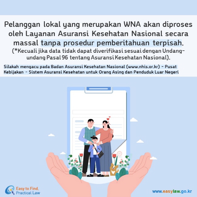 Pelanggan lokal yang merupakan WNA akan diproses oleh Layanan Asuransi Kesehatan Nasional secara massal tanpa prosedur pemberitahuan terpisah. (*Kecuali jika data tidak dapat diverifikasi sesuai dengan Undang-undang Pasal 96 tentang Asuransi Kesehatan Nasional). Silakah mengacu pada Badan Asuransi Kesehatan Nasional (www.nhis.or.kr) - Pusat Kebijakan - Sistem Asuransi Kesehatan untuk Orang Asing dan Penduduk Luar Negeri